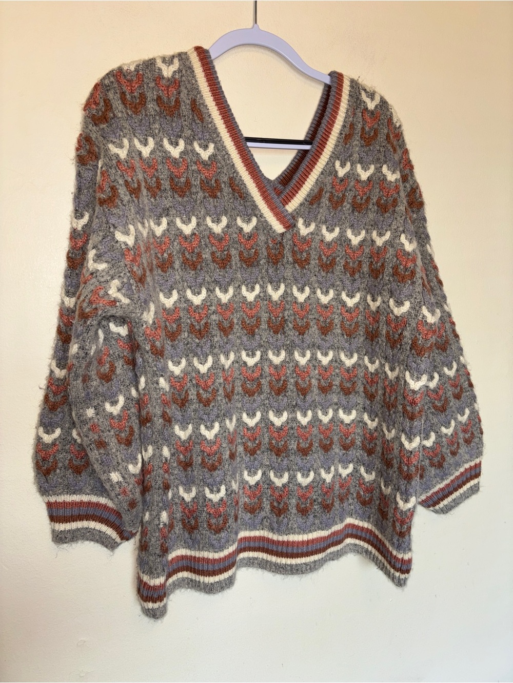 Listicle Jacquard Chevron Sweater V-Neck Sz M Cozycore Chunky Knit Grandmacore